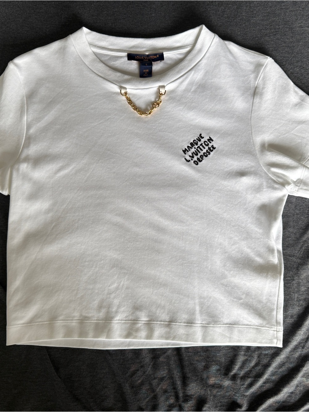 Louis Vuitton White Embroidered T-Shirt with LV Chain